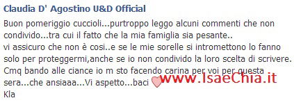 Claudia D’Agostino pubblica una nuova foto su Facebook e scrive: “Se le mie sorelle si intromettono lo fanno solo per proteggermi,anche se io non condivido la loro scelta di scrivere…” article-post