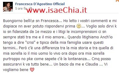 Francesca D’Agostino su Facebook: “Le liti in una coppia capitano, mia sorella Claudia ed Andrea Offredi hanno il problema della lontananza ma posso assicurarvi che va tutto bene…”
