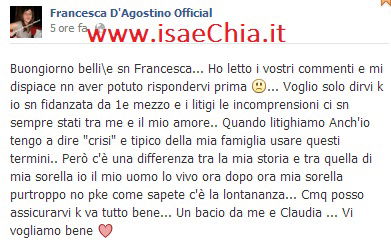 Francesca D’Agostino su Facebook: “Le liti in una coppia capitano, mia sorella Claudia ed Andrea Offredi hanno il problema della lontananza ma posso assicurarvi che va tutto bene…” preview