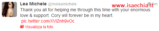 Lea Michele ringrazia i fans per il supporto e posta su Twitter una foto con Cory Monteith preview