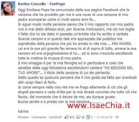 Karina Cascella su Facebook: “La mia nuova canzone che uscirà a breve è la cover di un pezzo di mio padre” article-post