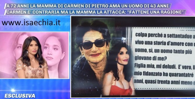 ‘Pomeriggio 5’, Carmen Di Pietro non approva la relazione tra la madre 72enne e un uomo più giovane di 30 anni: arriva la lettera trash!