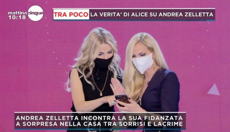 ‘Gf Vip 5’, Alice Fabbrica ospite a ‘Mattino 5’ mostra a Federica Panicucci i messaggi che le avrebbe mandato Andrea Zelletta