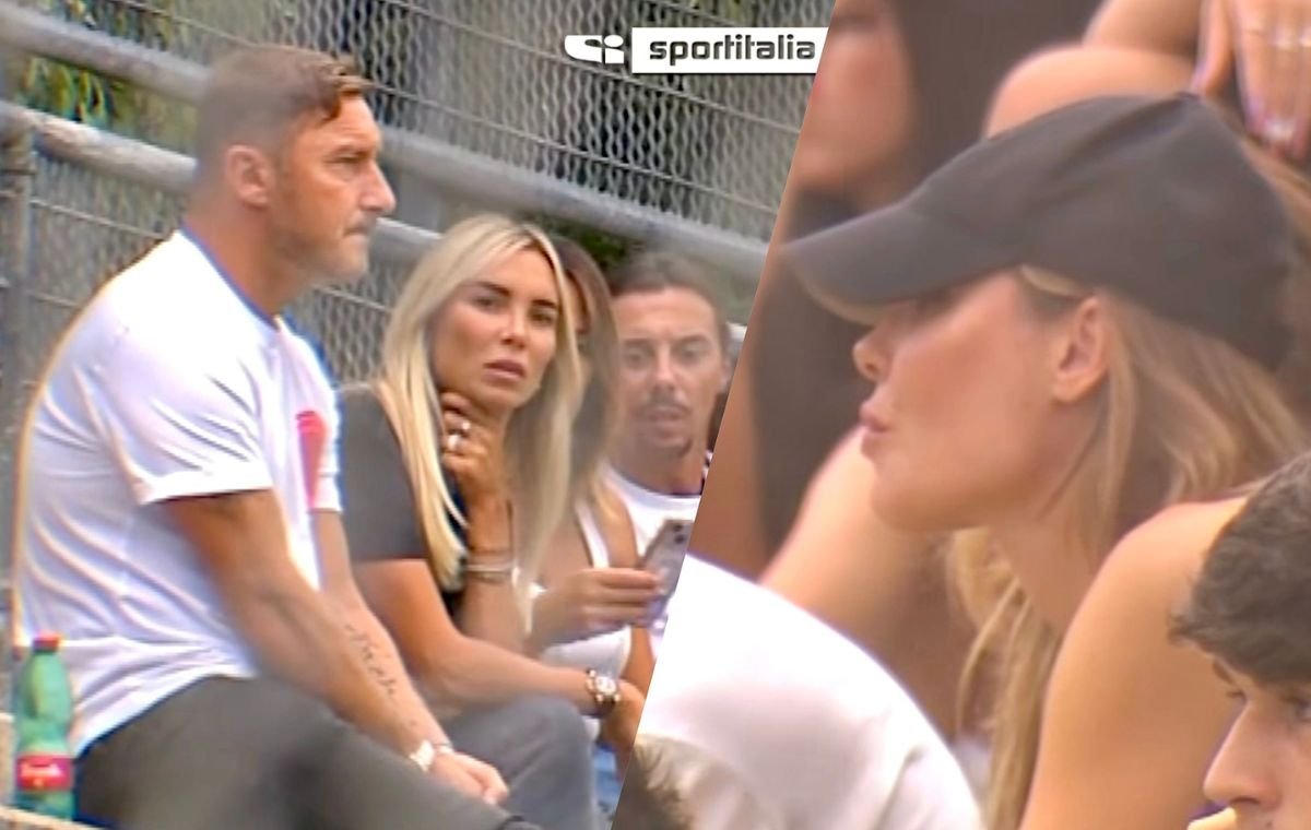 Francesco Totti e Noemi Bocchi scoprono che allo stadio a guardare il figlio Cristian c’è anche Ilary Blasi: la loro reazione diventa virale sui social