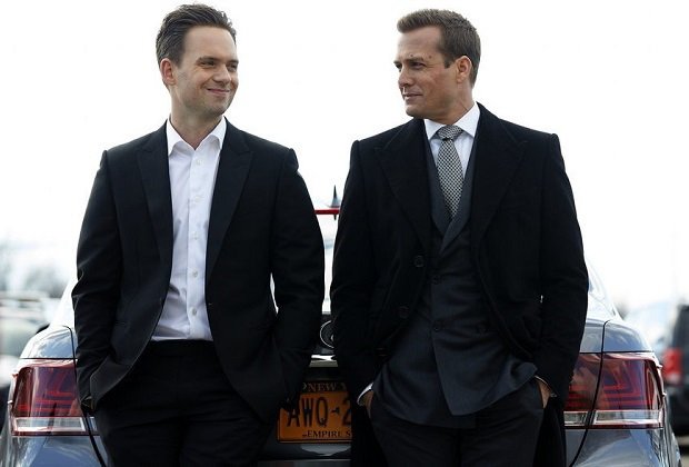 SUITS -- "25th Hour" Episode 516 -- Pictured: (l-r) Patrick J. Adams as Michael Ross, Gabriel Macht as Harvey Specter -- (Photo by: Shane Mahood/USA Network)