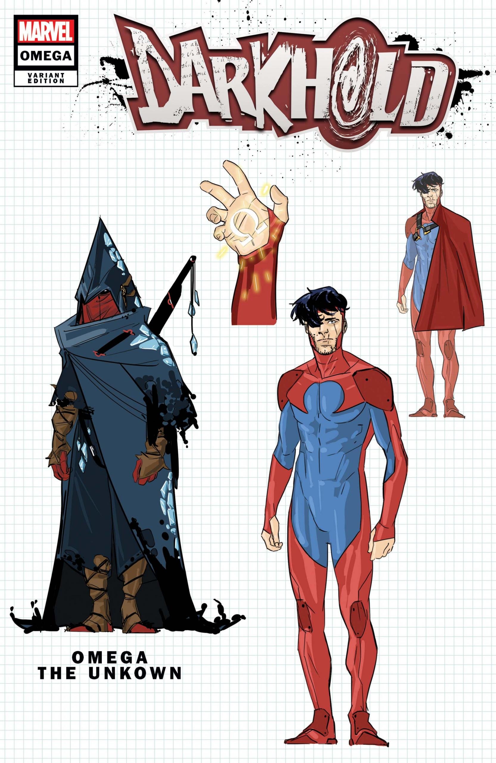 Design variant cover di Darkhold Omega di Cian Tormey, con il nuovo look di Omega lo Sconosciuto, uno degli eroi cosmici Marvel tornati in scena