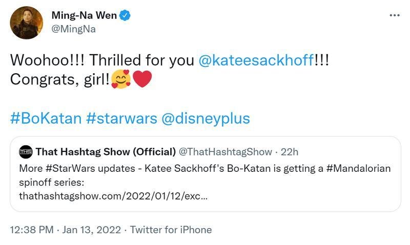 Il tweet, poi cancellato, con cui Ming-Na Wen si congratula per la serie su Bo-Katan