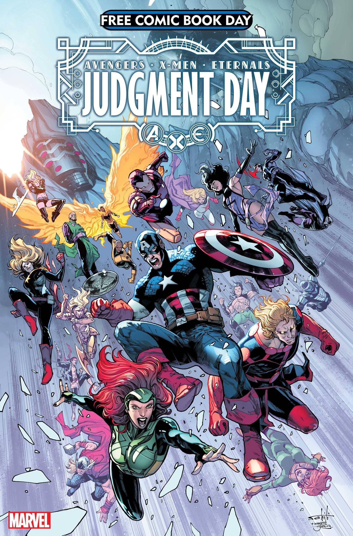 Cover di Free Comic Book Day: Avengers/X-Men di Dustin Weavercon i preludi a Judgment Day e Hellfire Gala