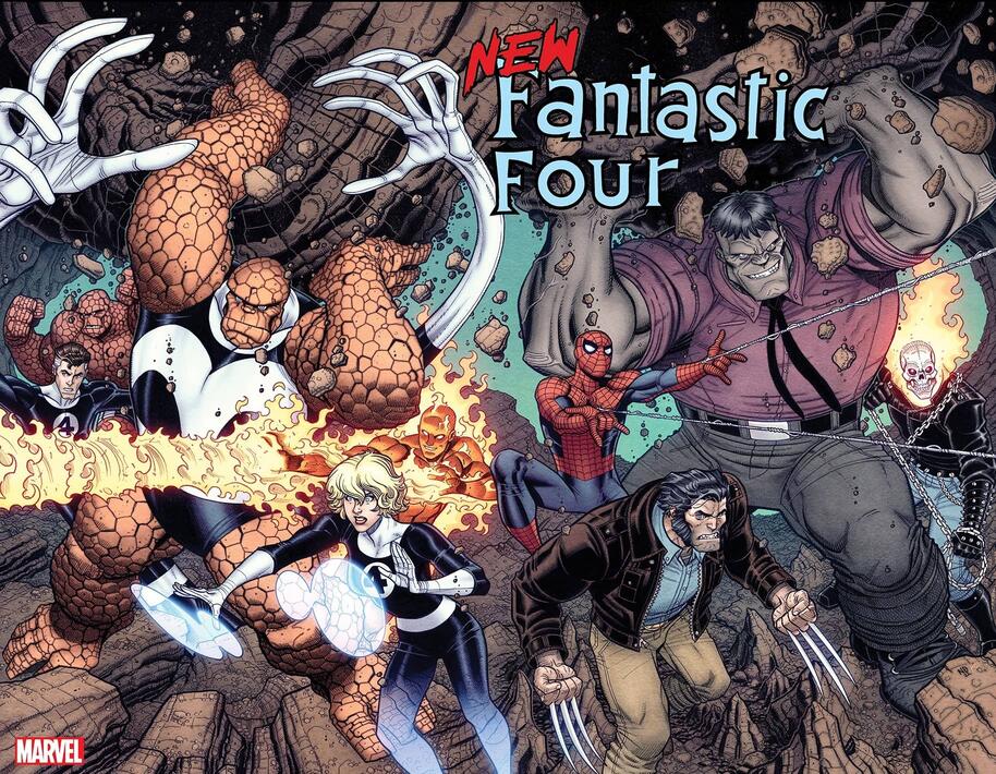 Cover di New Fantastic Four 1 di Nick Bradshaw, con i vecchi e i nuovi Fantastici Quattro