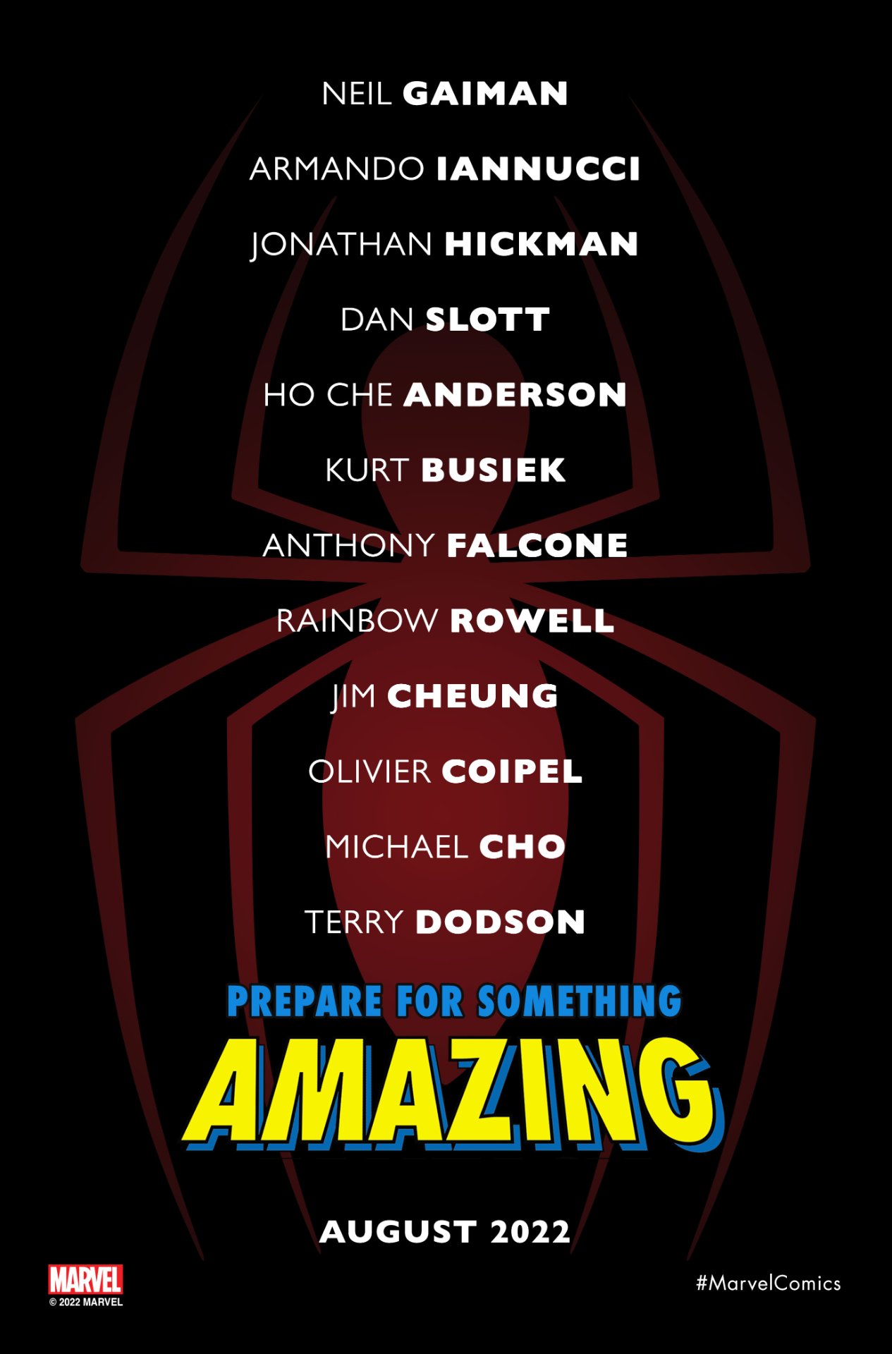 Il teaser con la lista di autori per i 60 anni di Spider-Man, tra cui Armando Iannucci e Neil Gaiman