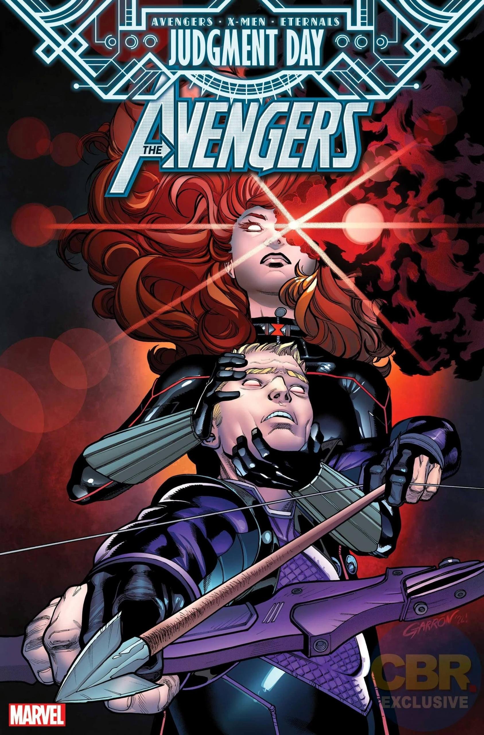 Cover di Avengers 60 di Javier Garron, tie-in di Judgment Day con protagonista Hawkeye