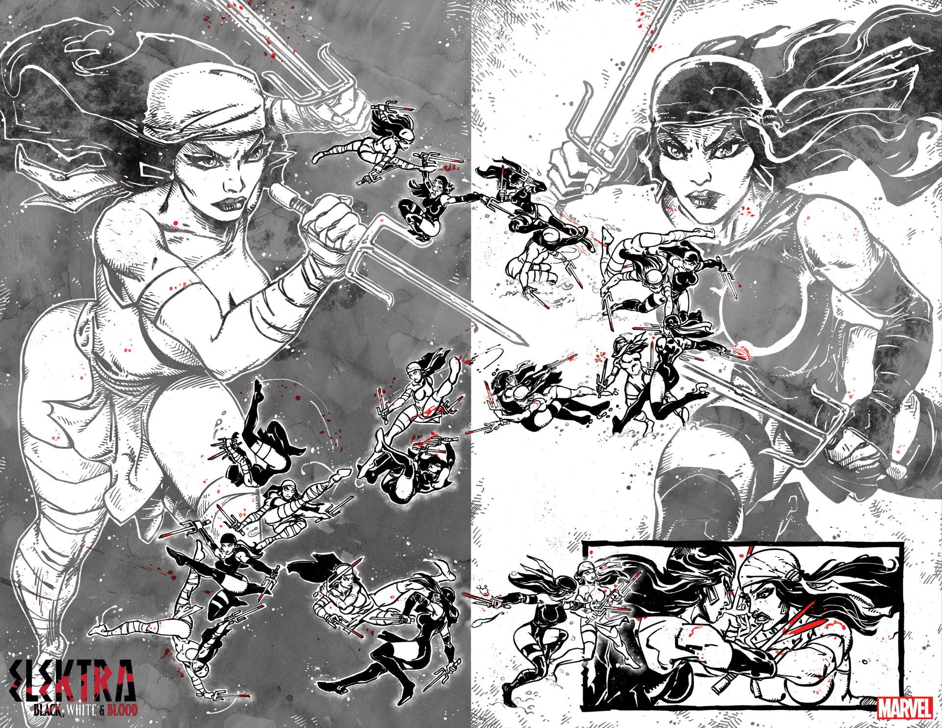 Tavola di Kevin Eastman da Elektra: Black, White & Blood 4