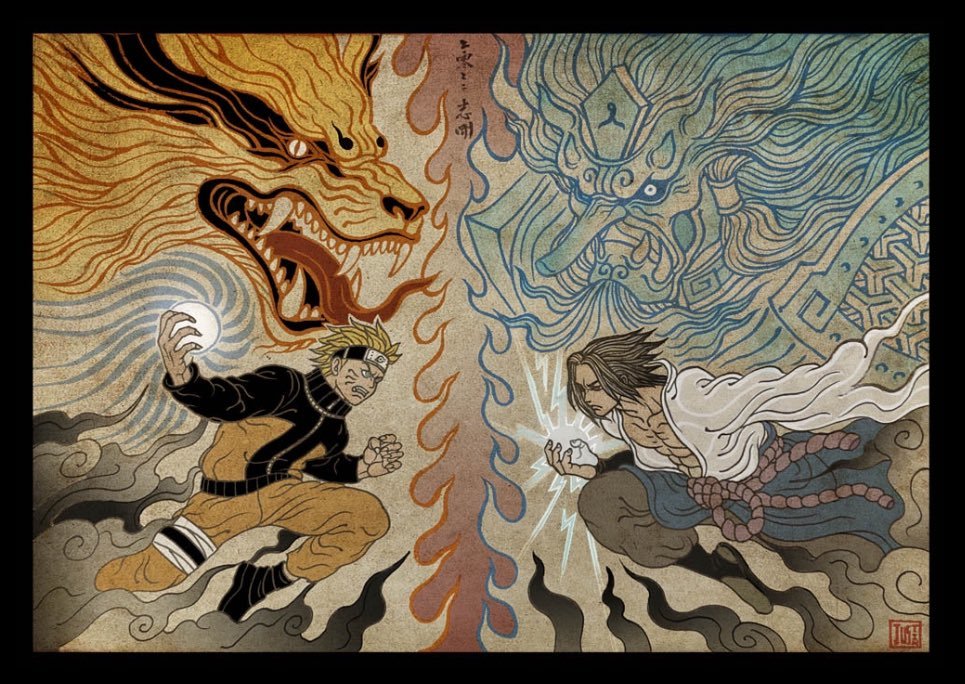 Naruto vs Sasuke rivisitato nello stile giapponese Ukiyo-e