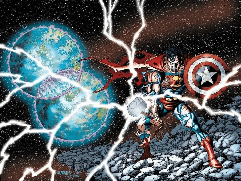 Superman, il primo tra tutti gli eroi, che impugna il martello di Thor e lo scudo di Capitan America sulla cover di JLA/Avengers 4 del 2004, di George Perez. Marvel Comics/DC Comics