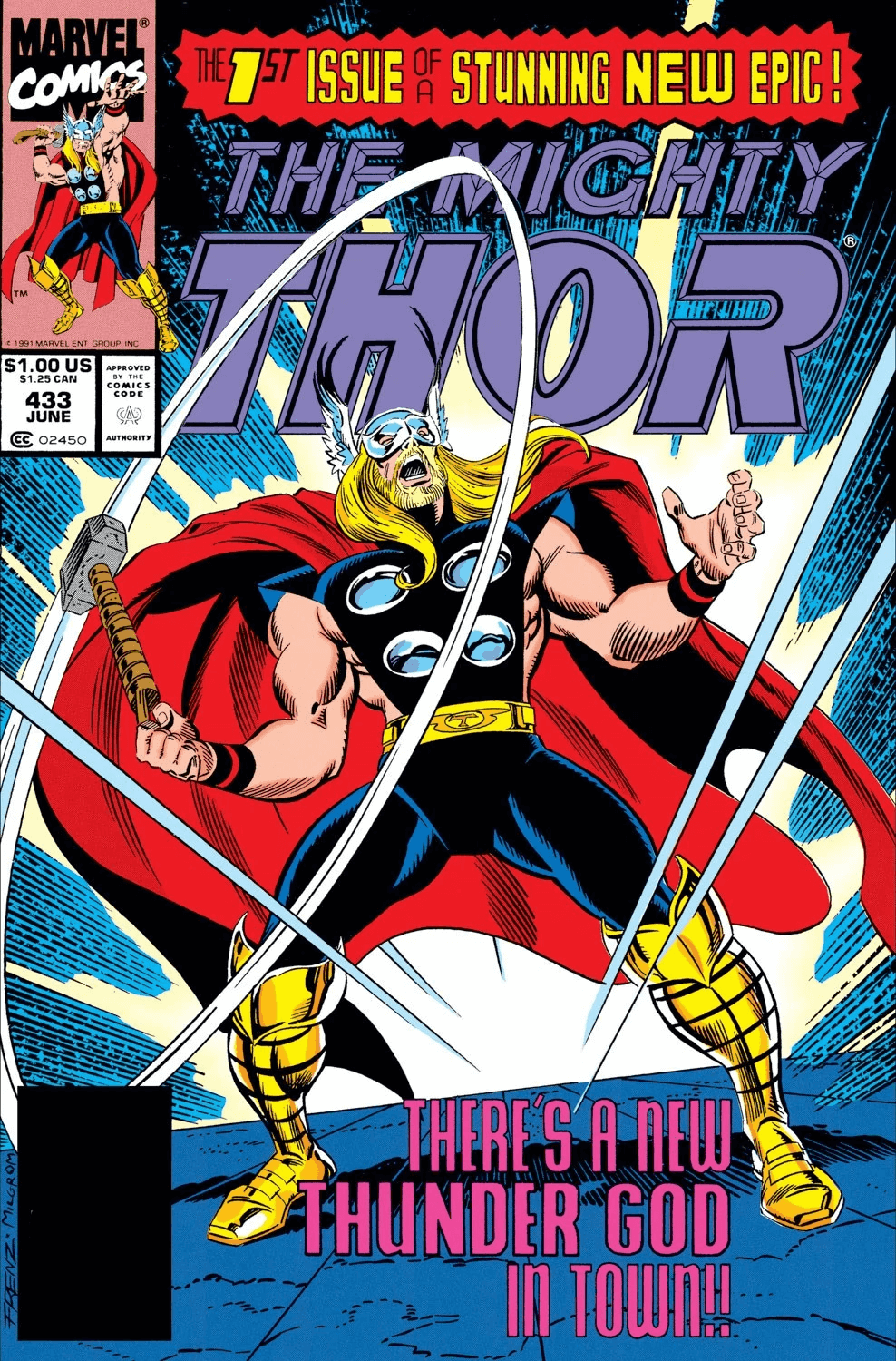 Eric Masterson diventa Thor dopo aver impugnato Mjolnir sulla cover di Thor 433 del 1991, di Ron Frenz. Marvel Comics