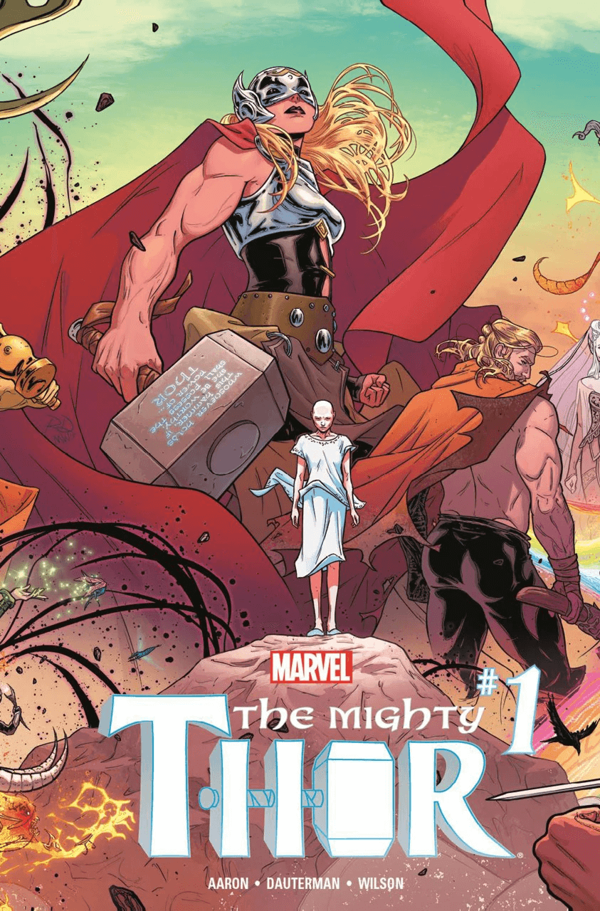 Jane Foster, uno degli ultimi eroi ad aver impugnato il martello di Thor, sulla cover di Mighty Thor 1 del 2015 di Russell Dauterman. Marvel Comics
