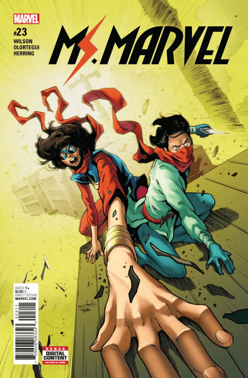 Kamala e Kareem sulla cover di Ms Marvel 23 del 2017, di Valerio Schiti, primo team up tra i due eroi musulmani