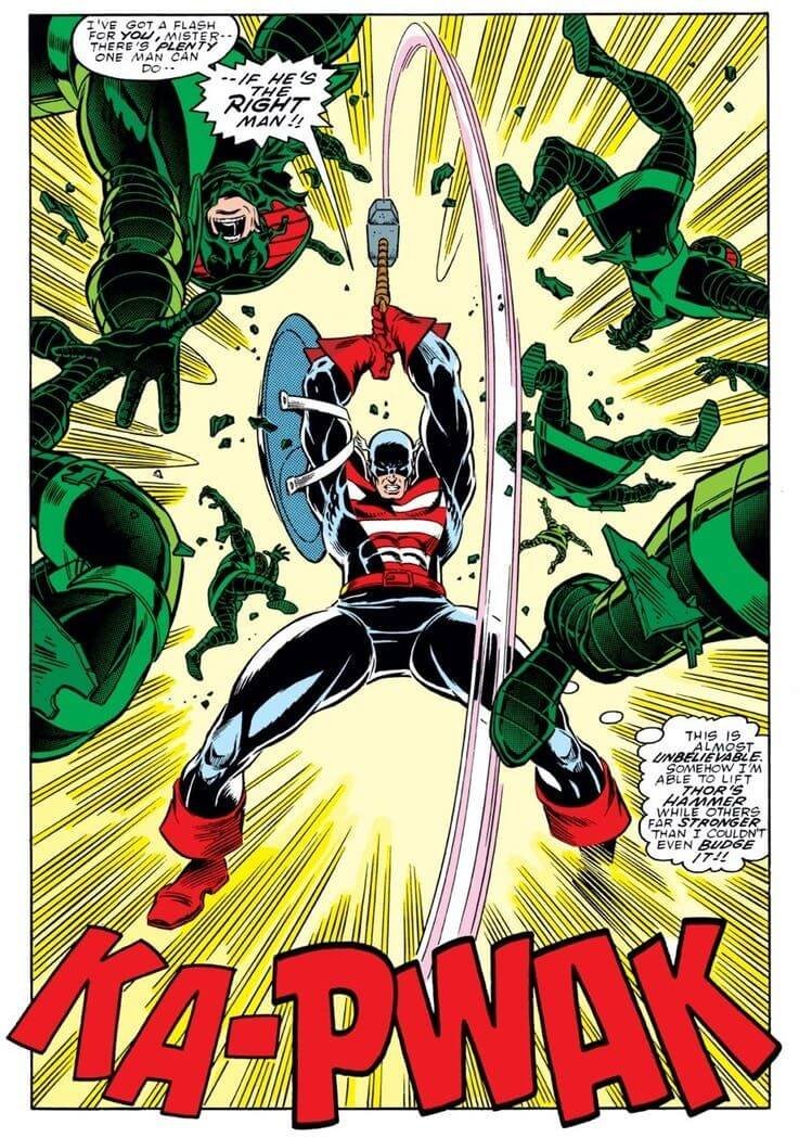 La prima volta che Steve Rogers ha impugnato Mjolnir, su Thor 390 del 1988, disegnata da Ron Frenz. Marvel Comics