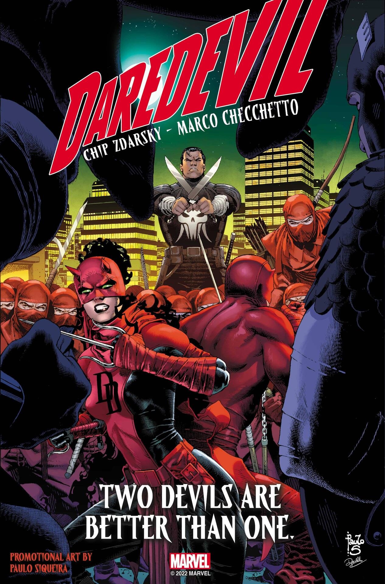 Immagine promozionale di Paulo Siqueira (e variant cover di Daredevil 3) con i due eroi contro Punisher e la Mano