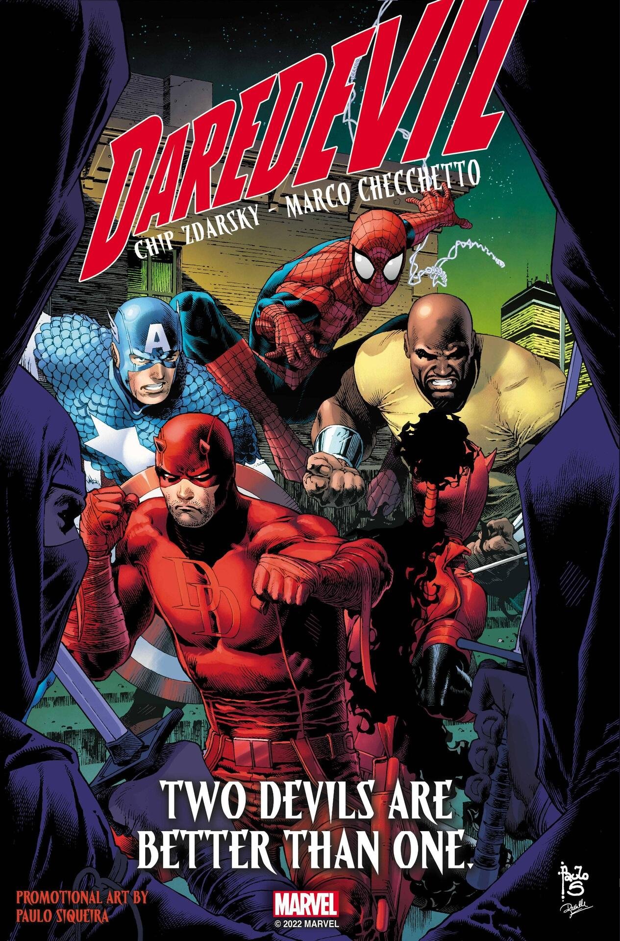 Immagine promozionale di Paulo Siqueira (e variant cover di Daredevil 4) con i due eroi contro Luke Cage, Spider-Man e Capitan America