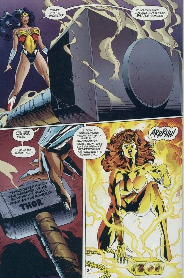 Wonder Woman si imbatte in Mjolnir in Marvel Versus DC 3, disegni di Claudio Castellini. Marvel Comics/DC Comics