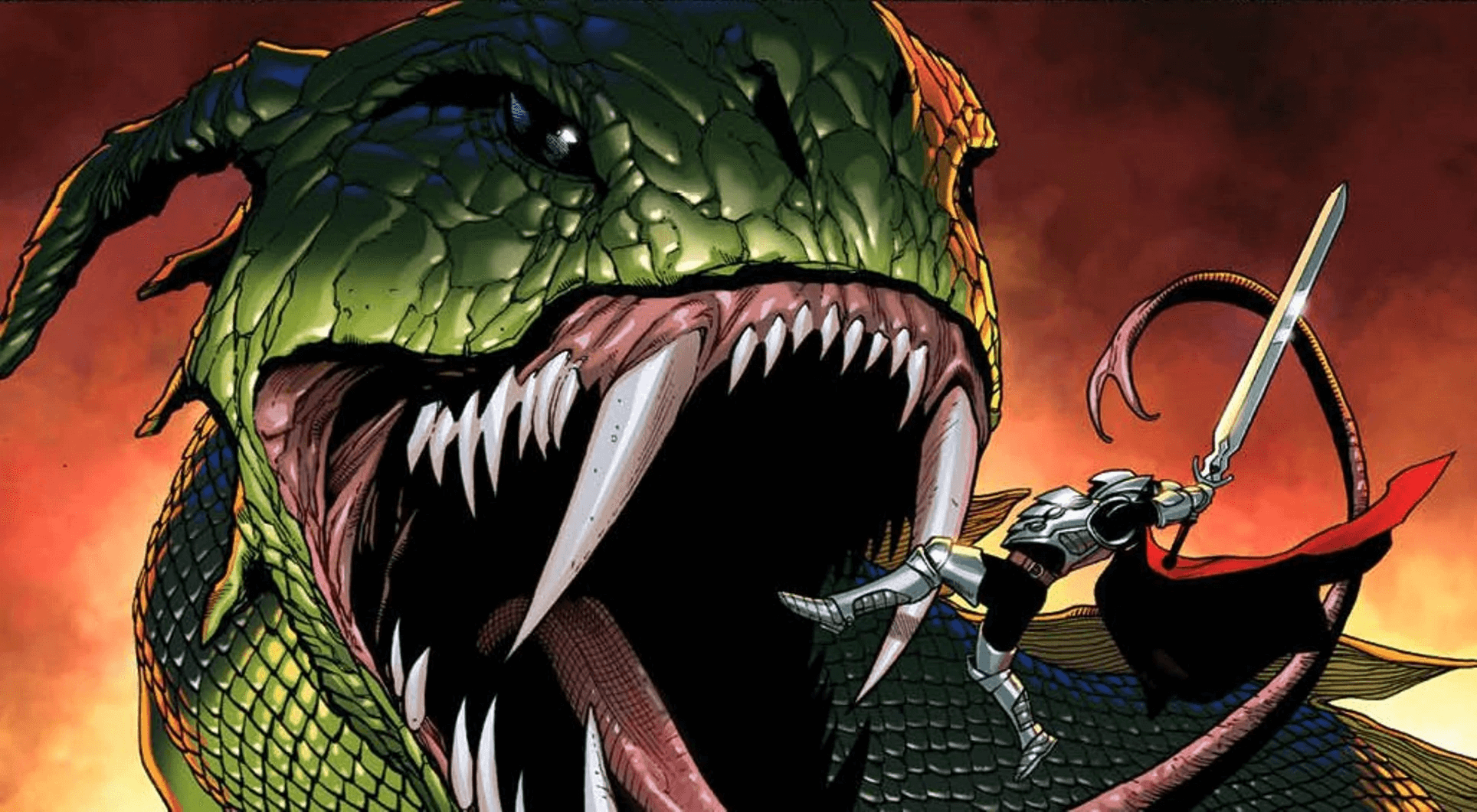 Thor combatte il Serpente impugnando la Odinsword, dalla cover di Fear Itself 7 del 2011, di Steve McNIven