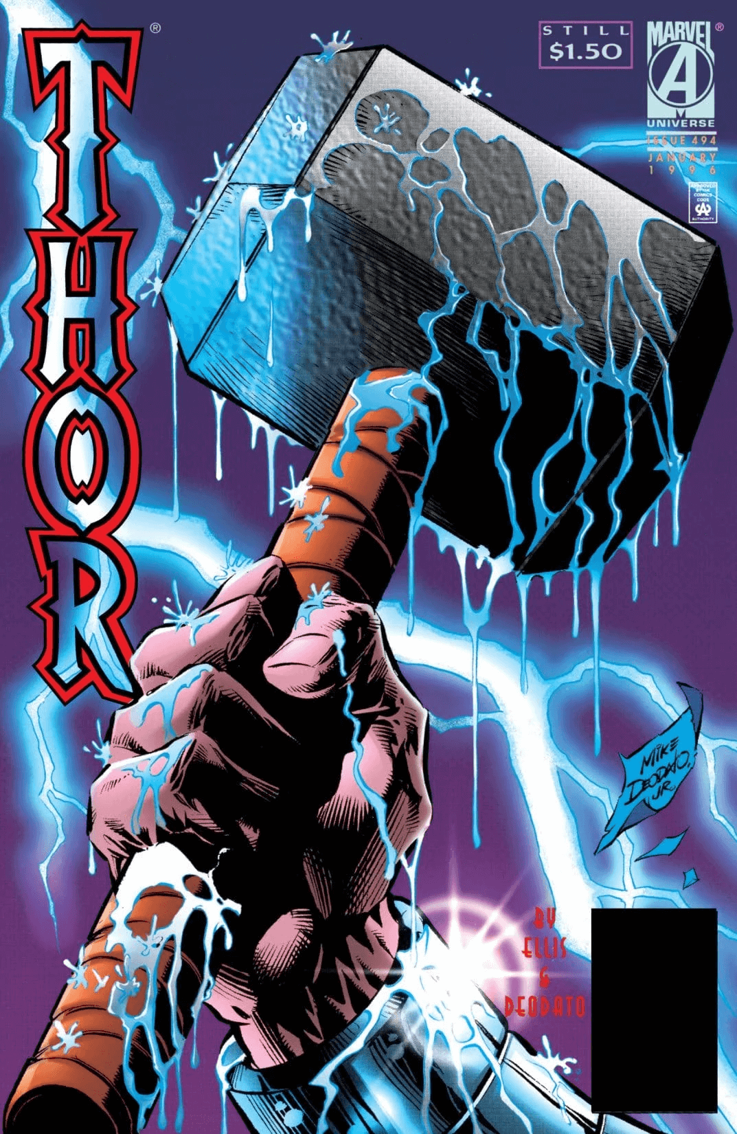 Mjolnir, la più classica delle armi di Thor, nella cover di Thor 494 del 1996, di Mike Deodato Jr.