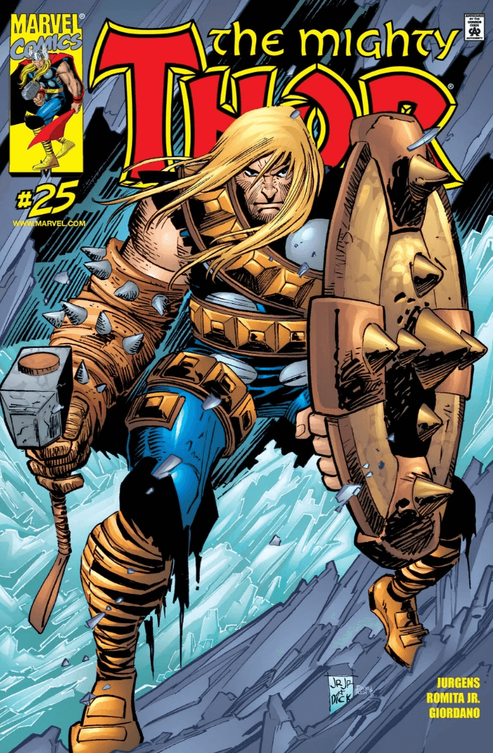 Thor con Mjolnir, Megingjord e le altre armi usate per combattere Thanos sulla cover di Thor 25 del 2000, di John Romita Jr.