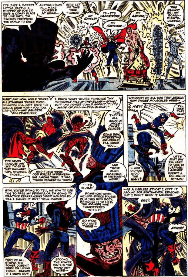 Molecola distrugge lo scudo di Cap, Mjolnir, la tavola di Silver Surfer e l'armatura di Iron Man, in Avengers 215 del 1981, disegni di Alan Weiss