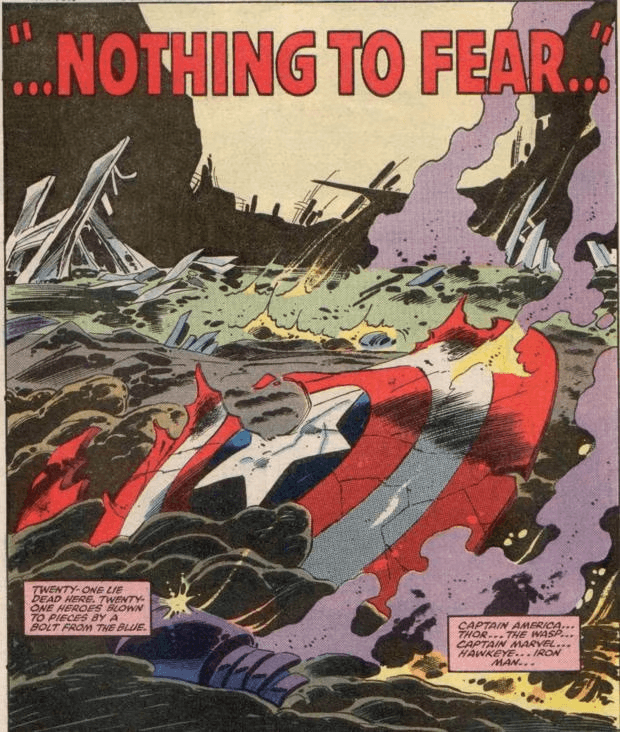 I resti degli eroi in Marvel Super-Heroes Secret Wars 12 del 1984, disegni di Mike Zeck