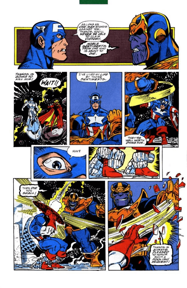Lo scudo viene distrutto da Thanos prima di uccidere Captain America, in Infinity Gauntlet 4 del 1991, disegni di Ron Lim