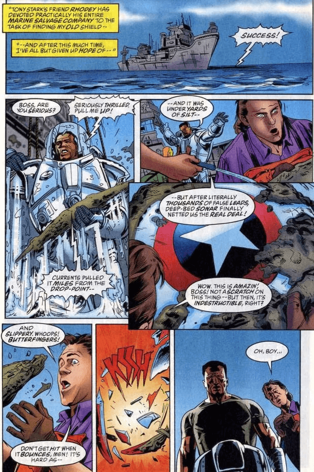Lo scudo recuperato da Rhodey si infrange all'improvviso in Captain America 13 del 1998, disegni di Doug Braithwaite