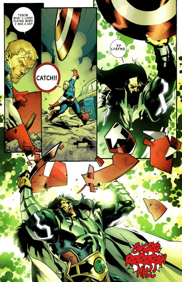 Lo scudo viene distrutto da Cul Borson di fronte a Captain America in Fear Itself 5 del 2011, disegni di Stuart Immonen