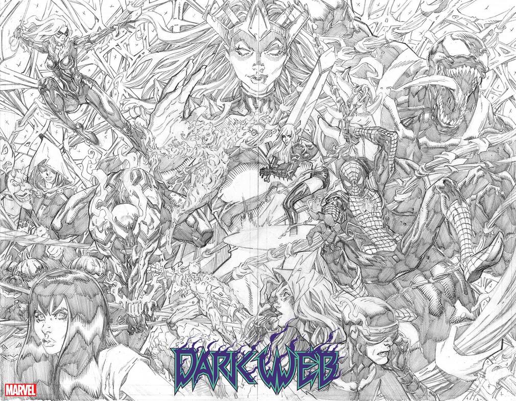 Disegno promozionale di Ryan Stegman per Dark Web, la saga di Spider-Man e X-Men presentata alla San Diego Comic-Con