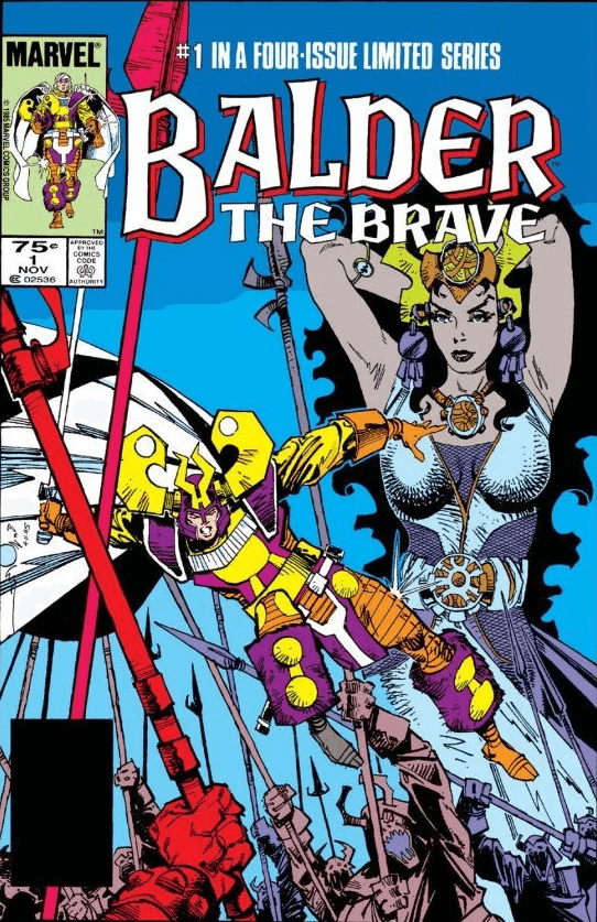 Cover di Balder the Brave 1 di Walt Simonson, del 1985, unica miniserie dedicata finora ad uno dei più classici personaggi Marvel