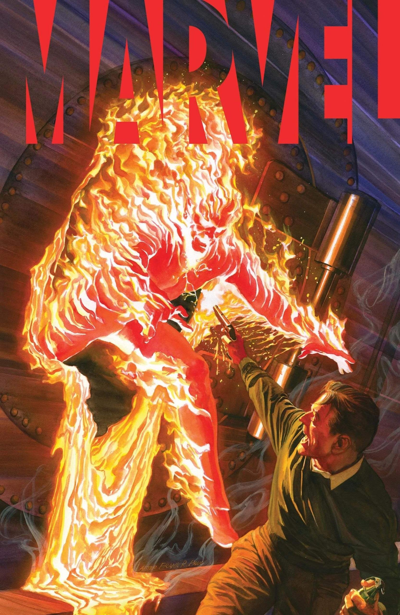 Uno dei più classici personaggi Marvel, la Torcia Umana originale, nella coveri di Marvel 1 di Alex Ross, del 2020