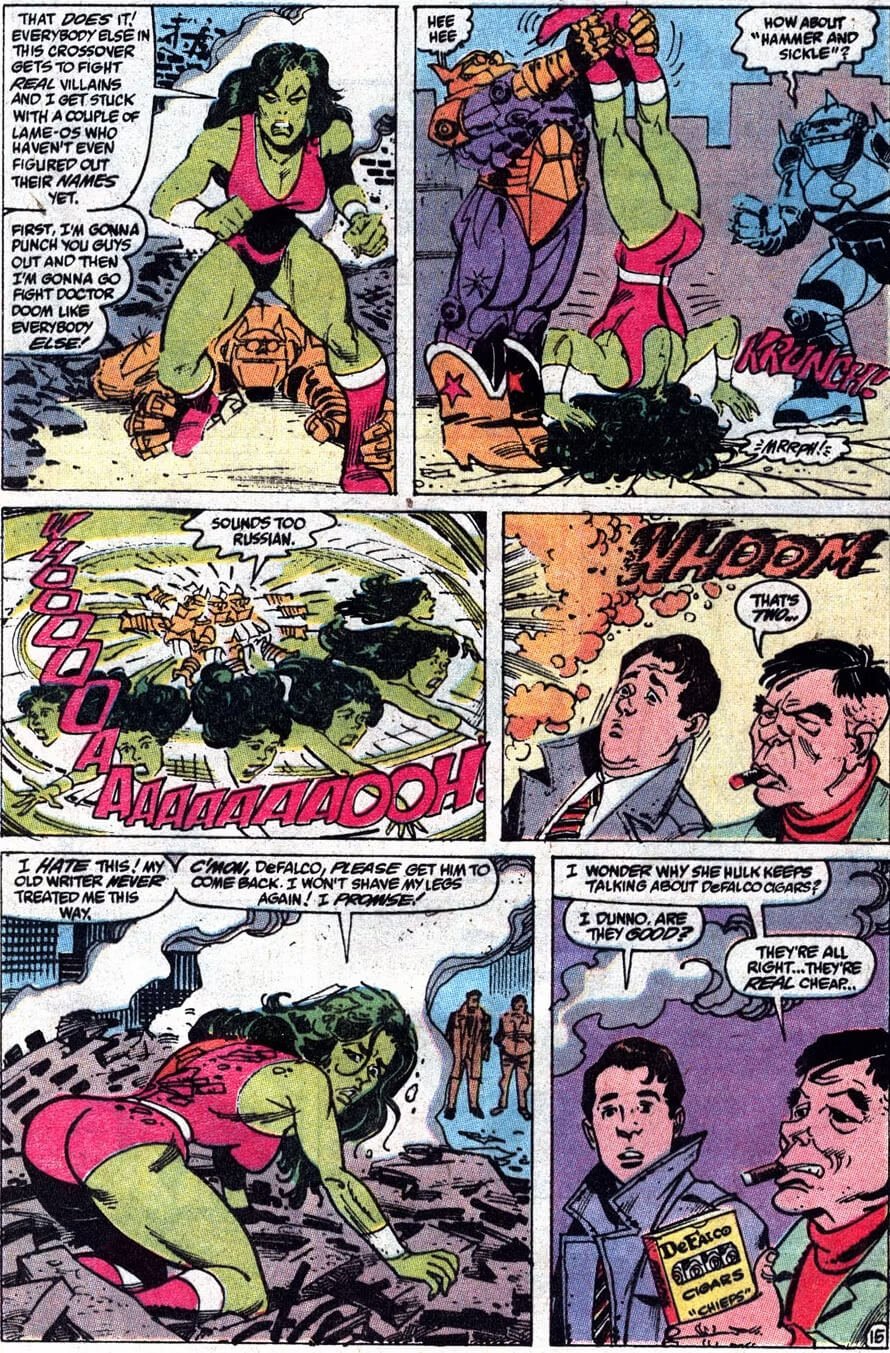 Dwayne McDuffie fa apparire She Hulk come una pazza (e prende in giro Byrne) in Damage Control 3,  disegni di Ernie Colon