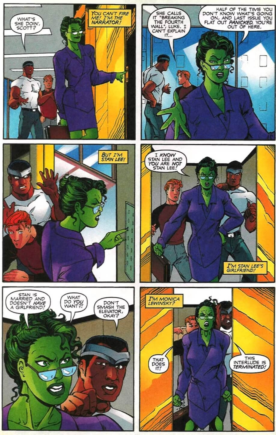 She-Hulk sfonda la quarta parete litigando con le didascalie in Heroes For Hire 12, disegni di Pasqual Ferry