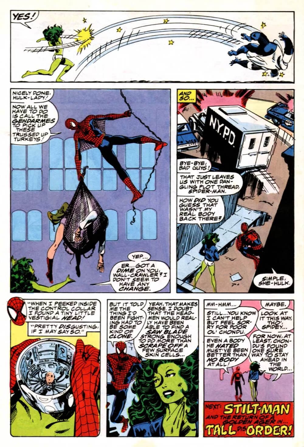 Spider-Man non reagisce allo sfondamento della quarta parete da parte di Jen in Sensational She-Hulk 3, disegni di John Byrne