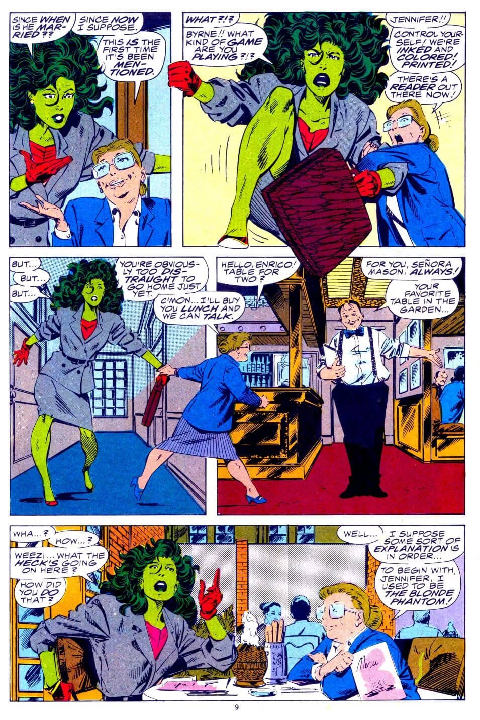 She-Hulk e Weezie sfondano la quarta parete in Sensational She-Hulk 4, disegni di John Byrne