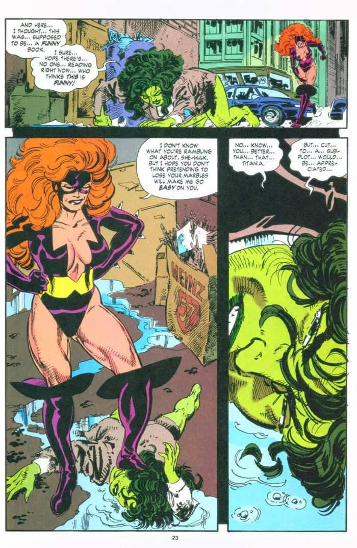 Titania pensa che She-Hulk parli da sola in Sensational She-Hulk 49, disegni di John Byrne