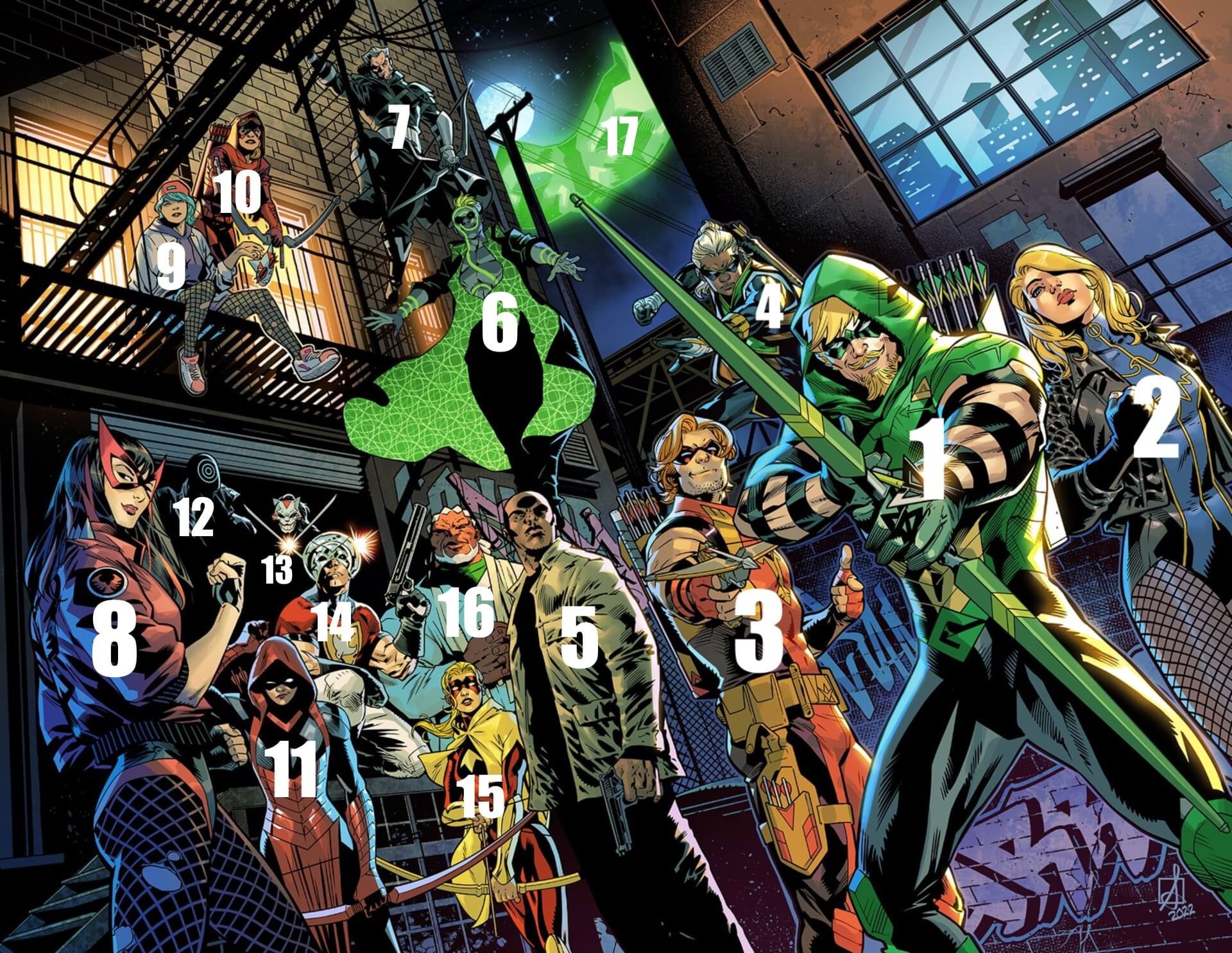 Tous les personnages de la couverture de Green Arrow 1