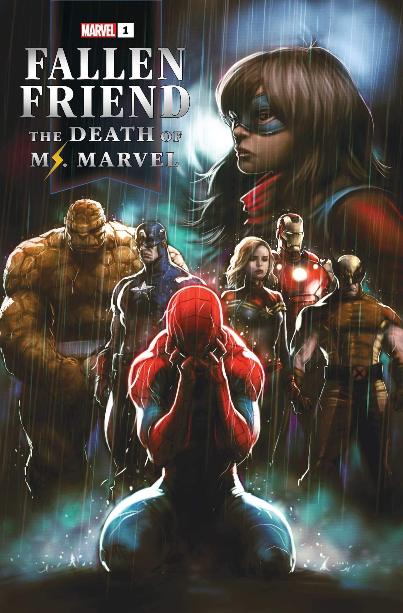 Couverture de Fallen Friend : The Death of Ms Marvel par Kaare Andrews, suite au décès de Kamala Khan dans Amazing Spider-Man #26.