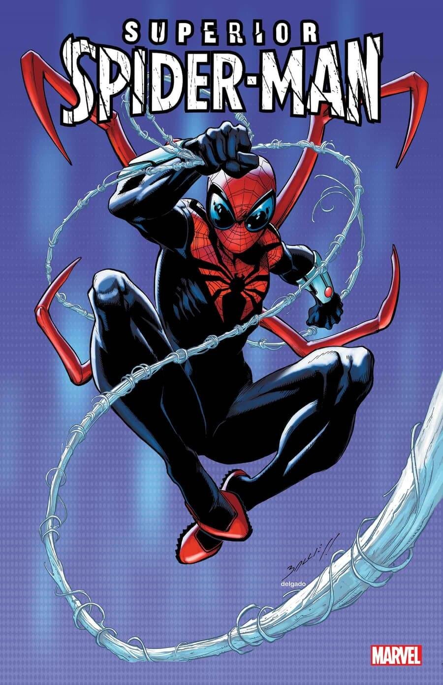 Couverture de Superior Spider-Man 1, par Mark Bagley, citant la précédente série régulière de Spider-Man du même auteur.