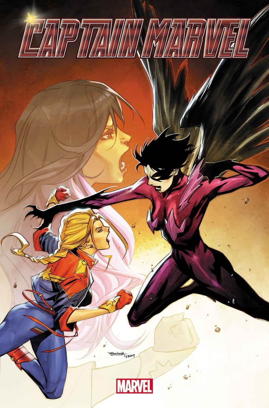 Cover di Captain Marvel 2 di Stephen Segovia, con lo scontro tra Carol e Omen