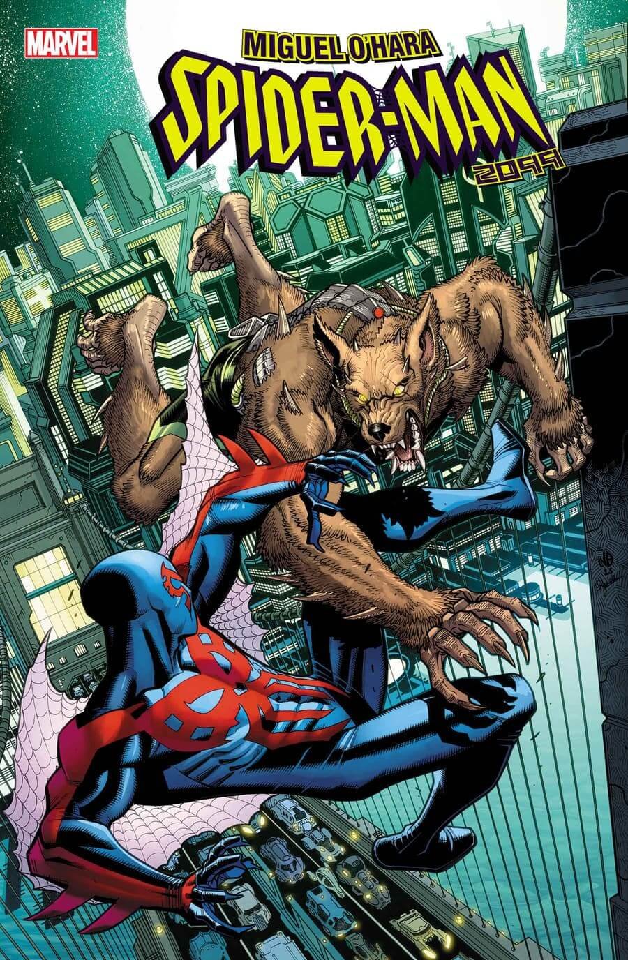 Cover di Miguel O'Hara: Spider-Man 2099 3, che omaggia il primo incontro tra Spidey e il personaggio horror Licantropus in Marvel Team-Up 12 del 1973