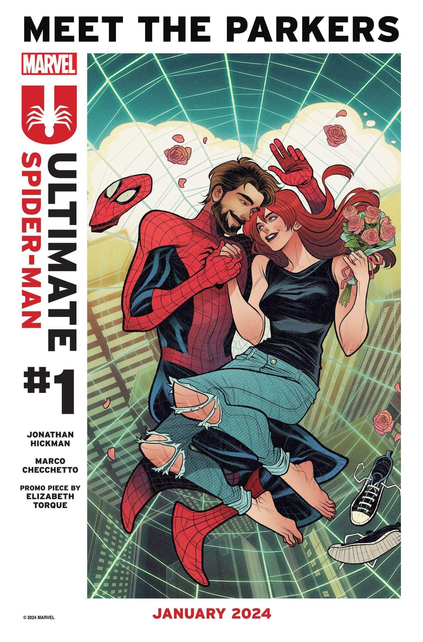 Image promotionnelle de Ultimate Spider-Man par Elisabeth Torque, avec Peter et Mary Jane.