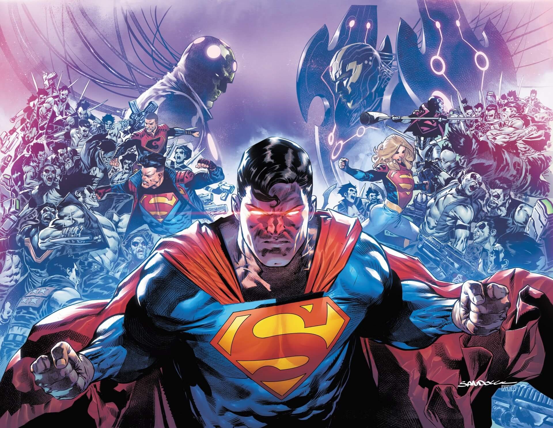 Le due cover componibili di Action Comics 1064 e Superman 13, capitoli iniziali di House of Brainiac, di Rafa Sandoval
