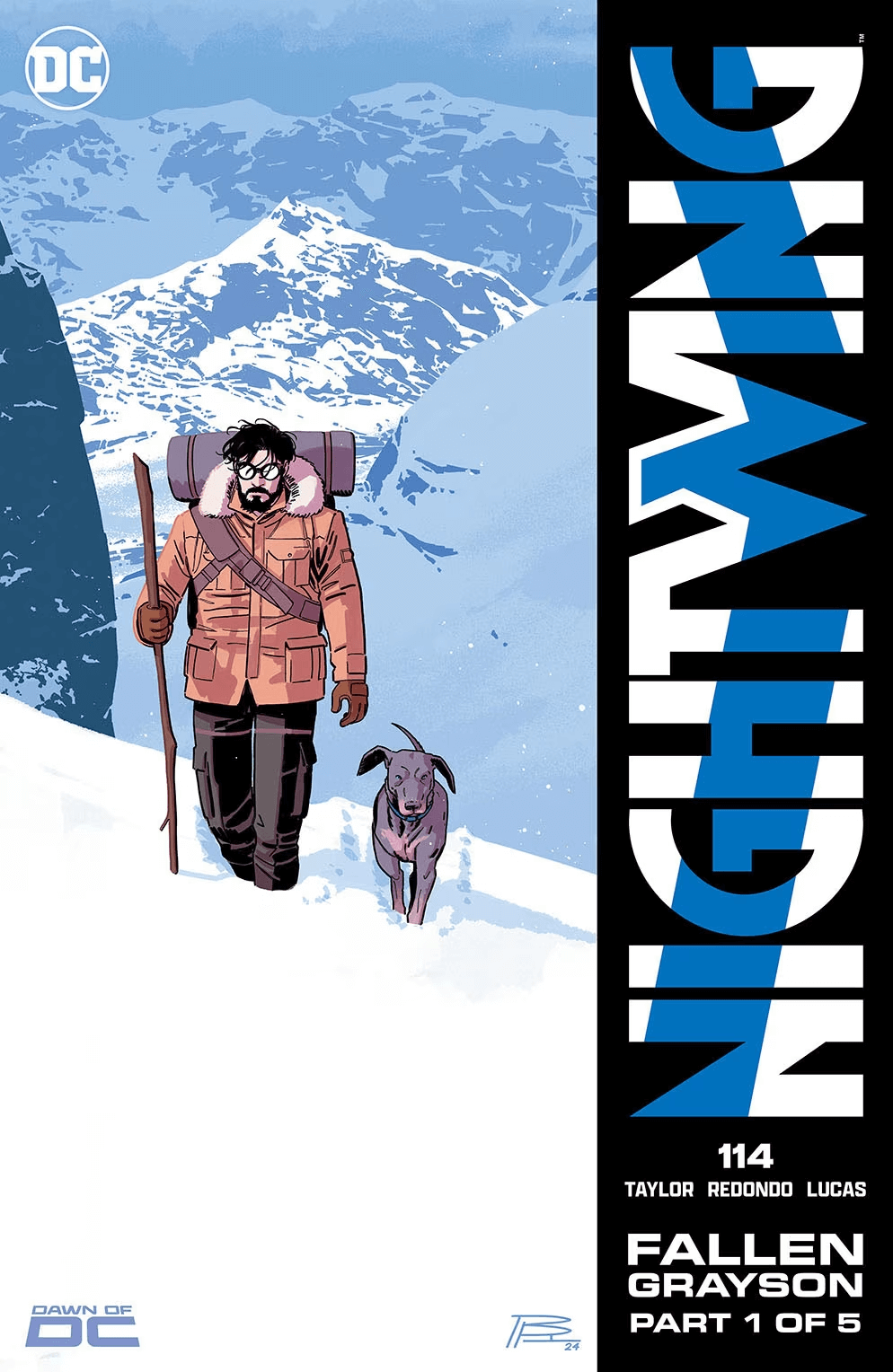 Couverture de Nightwing 114 par Bruno Redondo, premier chapitre de "Grayson déchu"