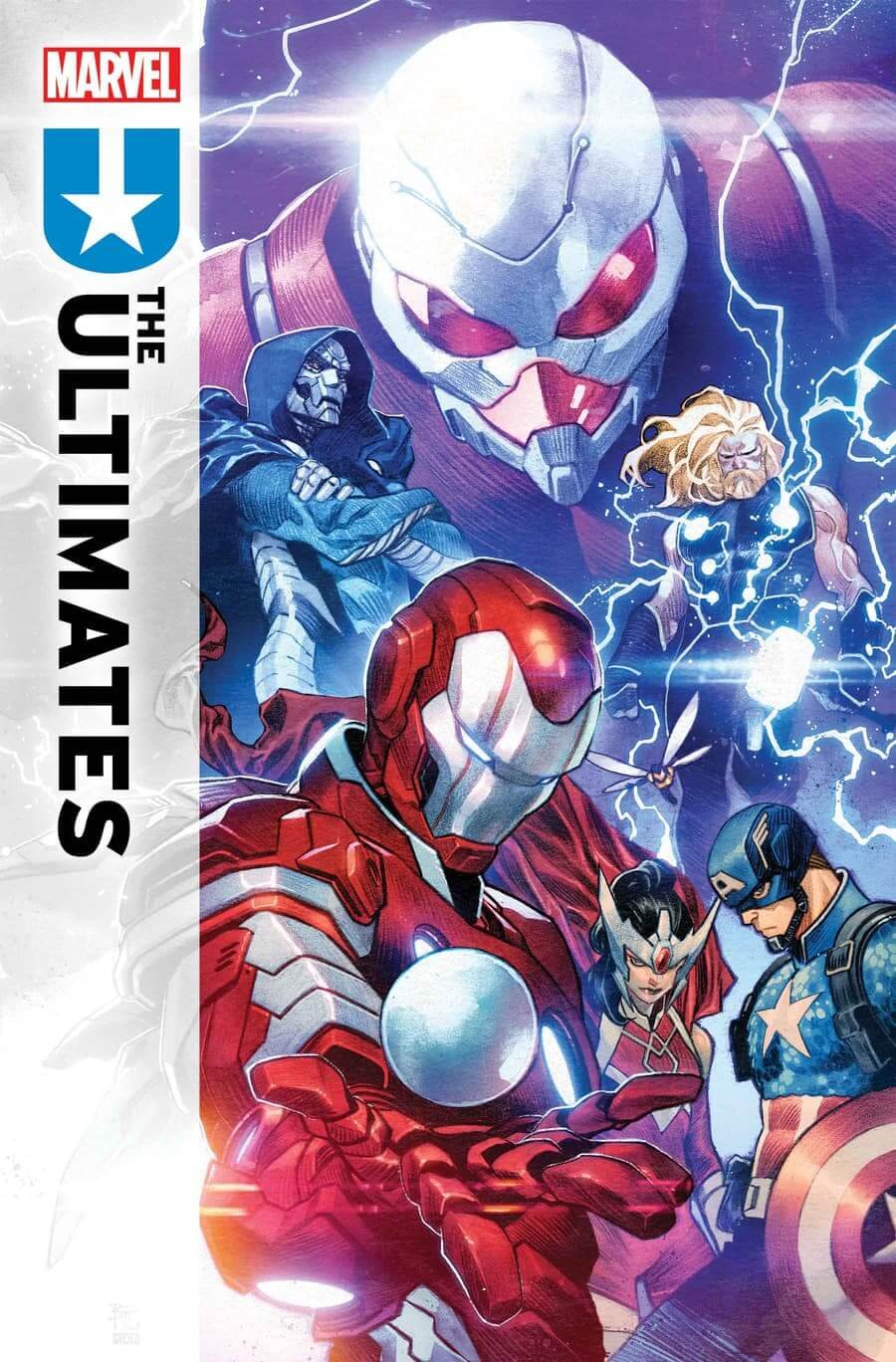 Couverture de Ultimates 1 par Dike Ruan, où l'on voit également les nouveaux personnages Giant-Man et Wasp.